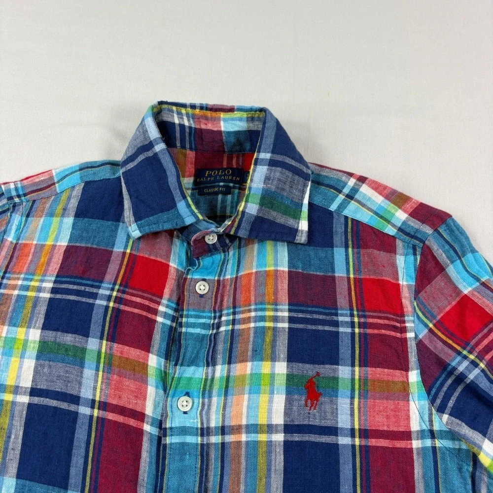 Polo Ralph Lauren Linen Shirt Mens Small Blue Plaid Button Up Classic Fit Beach